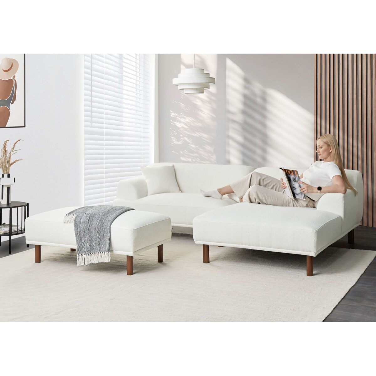 Sofa narożna lewostronna z otomaną HOLT Boucle Biały Lewostronny