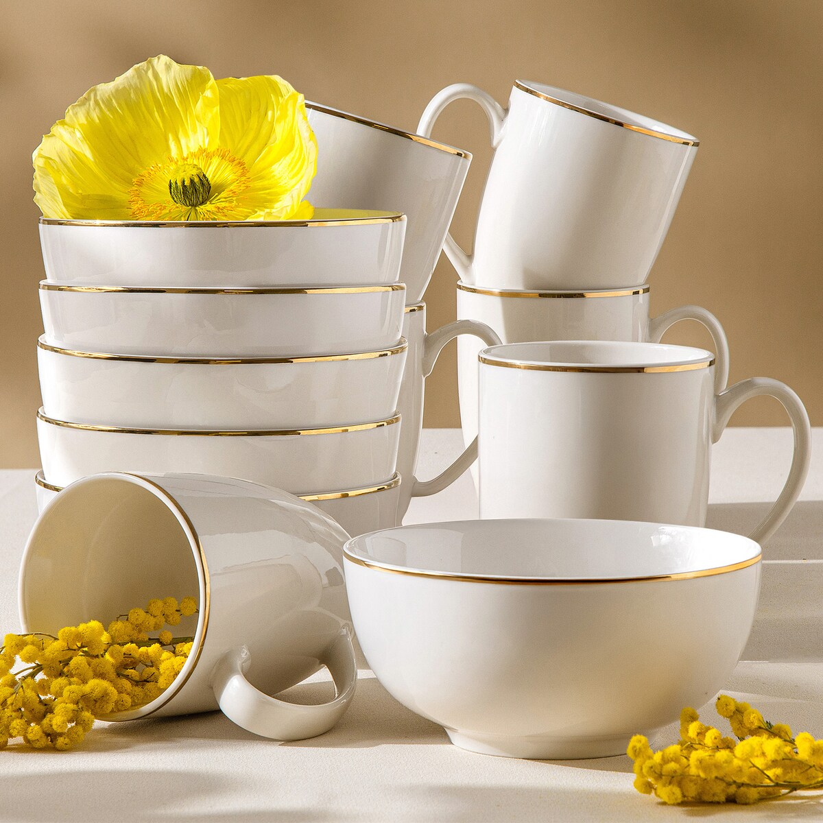 KONSIMO AD BELLA, Zestaw śniadaniowy 6 os. (12 el.), kolor ecru/złoty