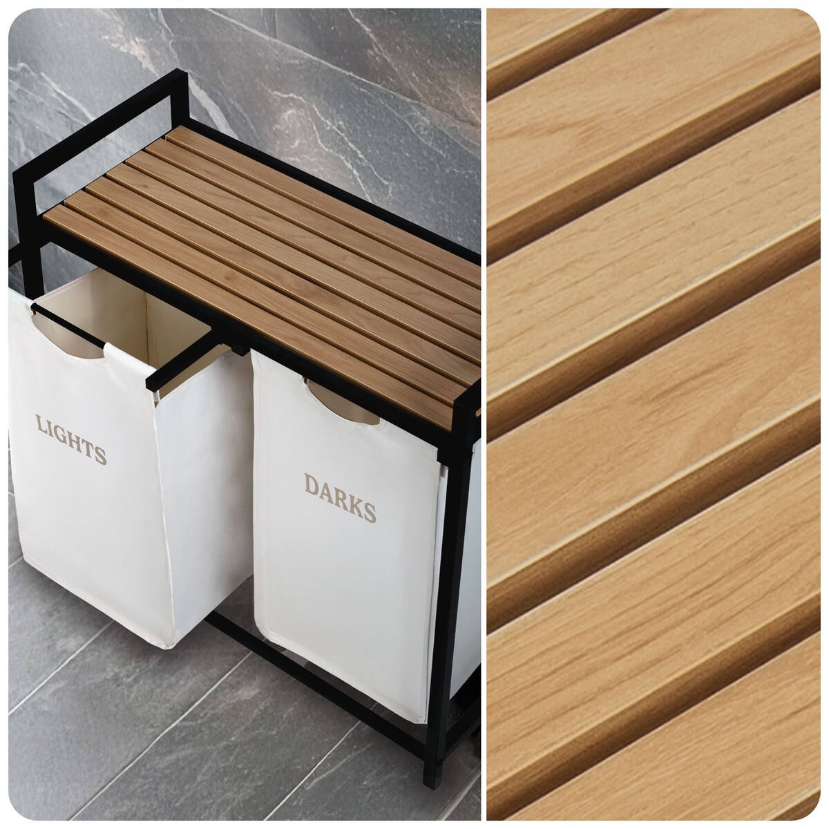 Massido, kosz na pranie 80l z półką dwukomorowy beżowy 74x72x33 cm