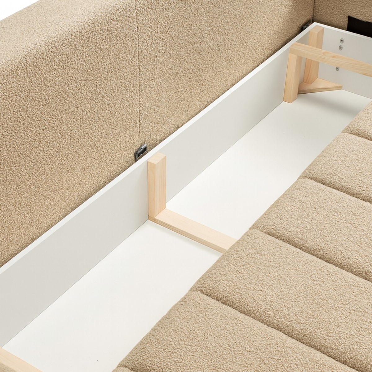 Sofa rozkładana ALOO obita tkaniną boucle z ozdobnymi poduszkami, beżowa
