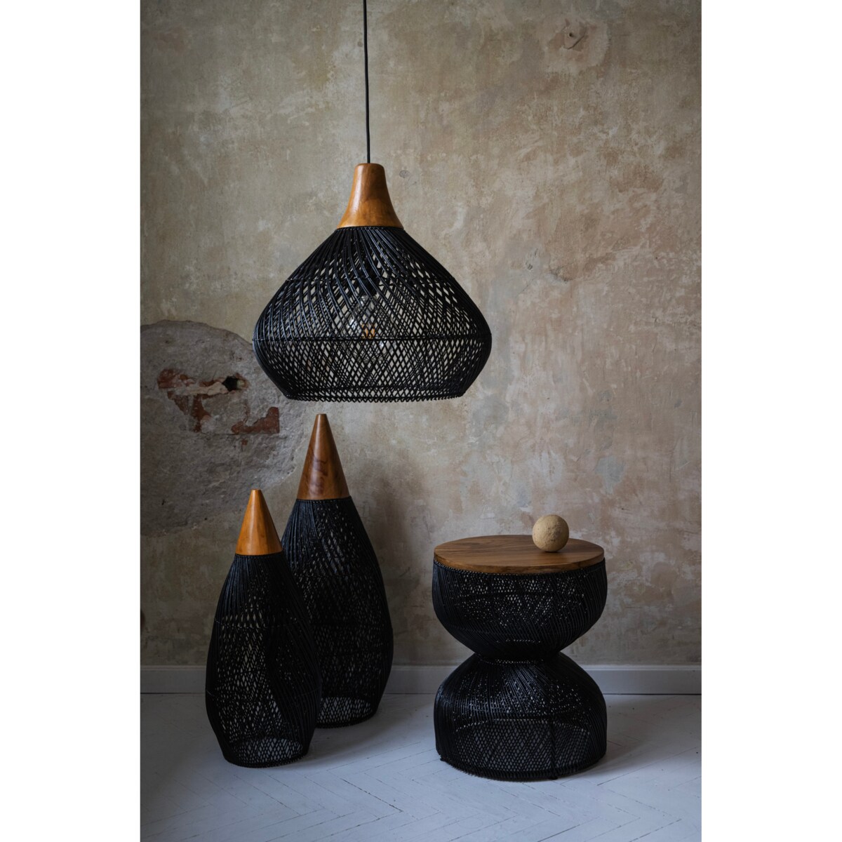 Rattanowa lampa z drewnem teakowym BAND w rozmiarze L - naturalna