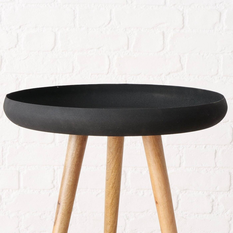 Stoliki kawowe loftowe z czarnym blatem i nogami z drewna mango MASDOUR, 3 sztuki