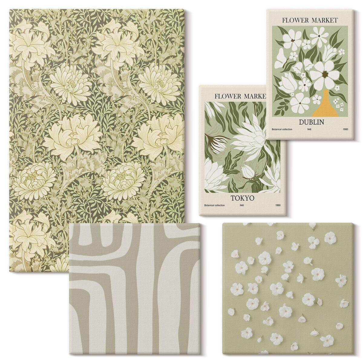 Zestaw 5 obrazów na płótnie - Roślinne boho z kwiatami - zielony