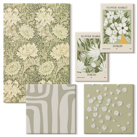 Zestaw 5 obrazów na płótnie - Roślinne boho z kwiatami - zielony