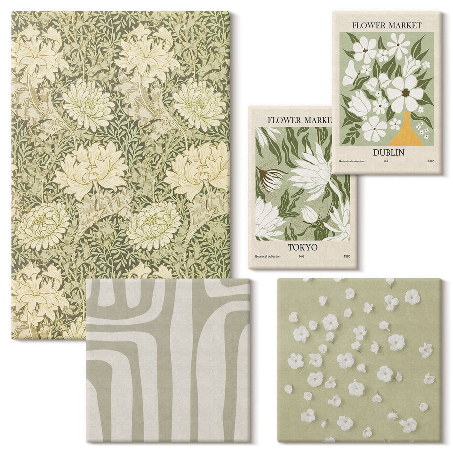 Zestaw 5 obrazów na płótnie - Roślinne boho z kwiatami - zielony