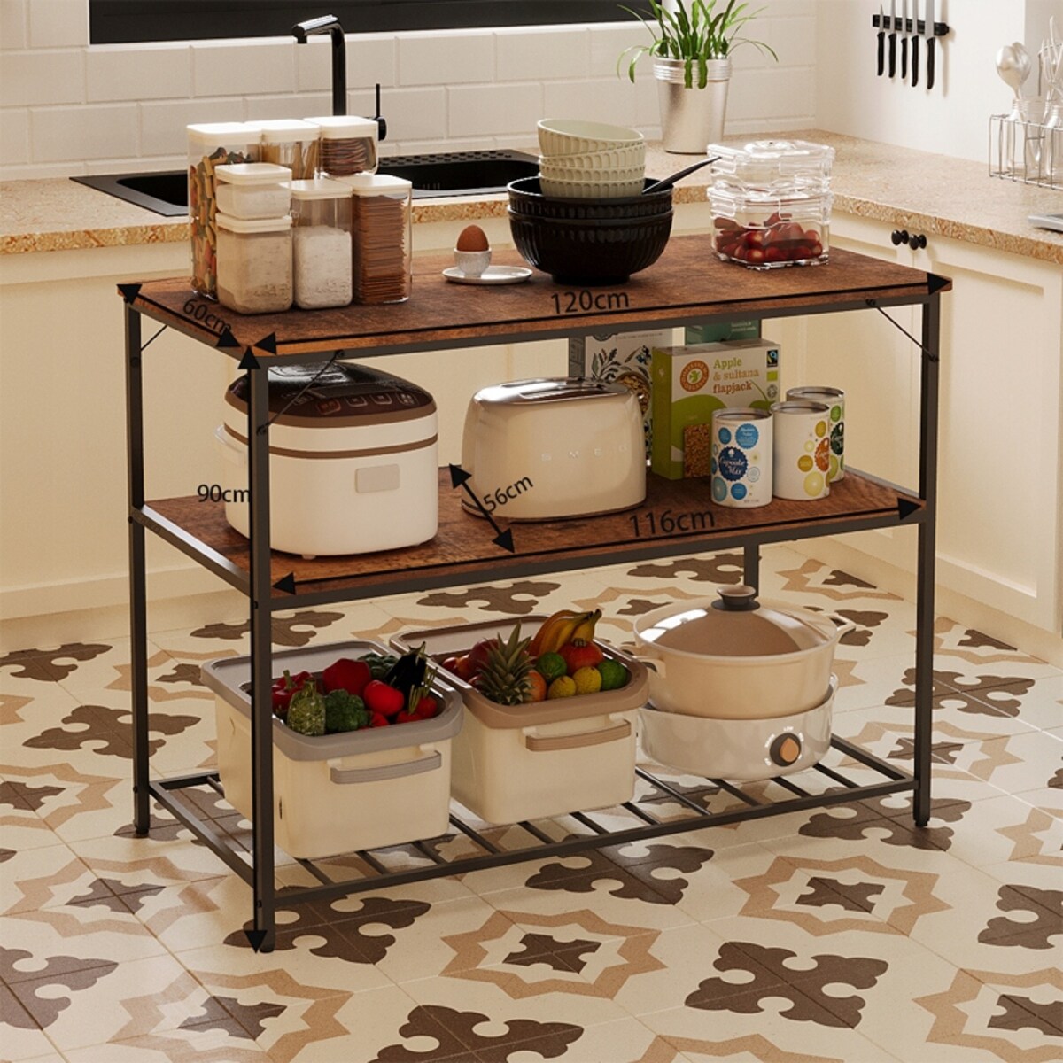 Wyspa kuchenna 120 cm rustykalny brąz loft regał z półkami industrialny