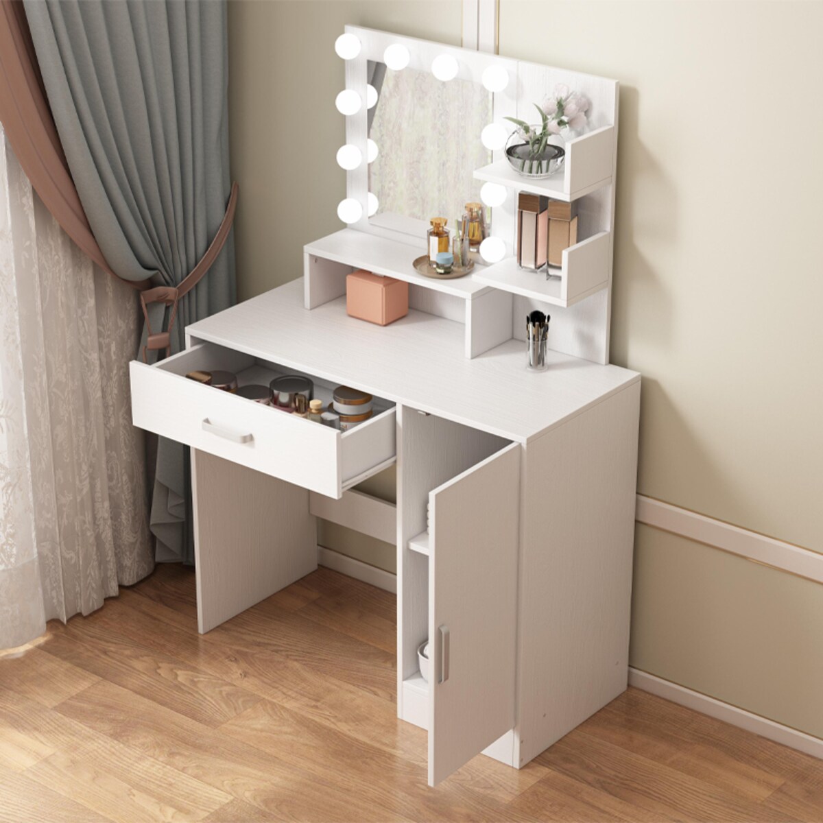 Toaletka kosmetyczna makijażu wizażu z lustrem led nowoczesna glamour biała