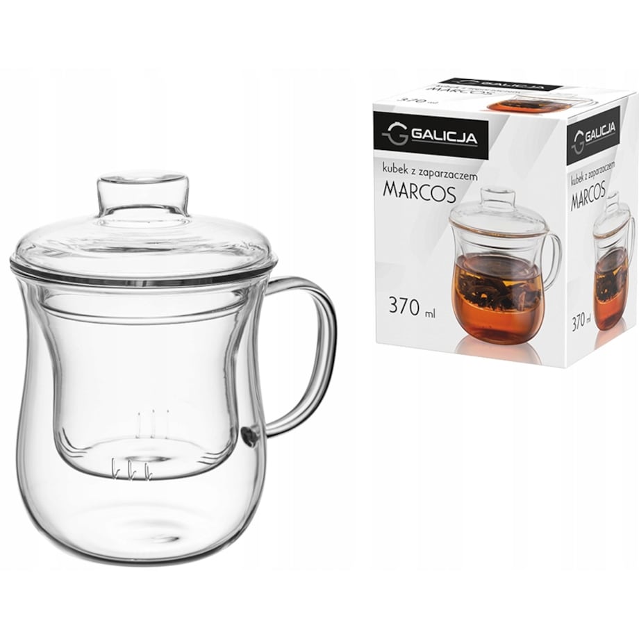 Kubek z zaparzaczem pokrywką MARCOS 370 ml szklany na zioła herbatę prezent