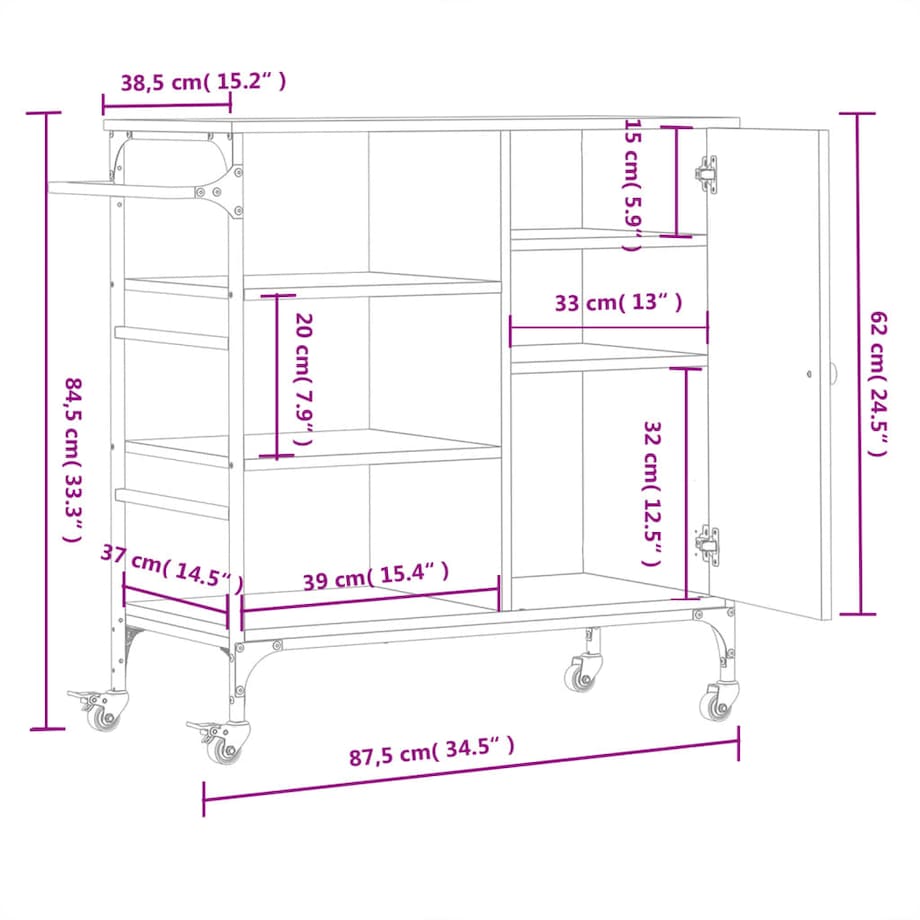 vidaXL Wózek kuchenny, czarny, 87,5x38,5x84,5 cm