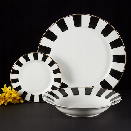 SERWIS OBIADOWY 6 osób W PASKI biało czarne talerze elegancki na prezent
