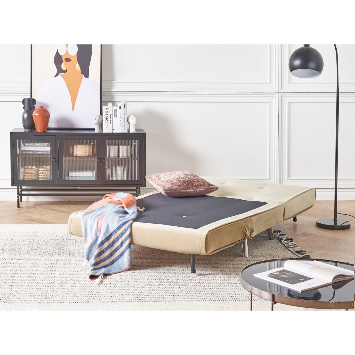 Sofa rozkładana welurowa jednoosobowa beżowa FARRIS