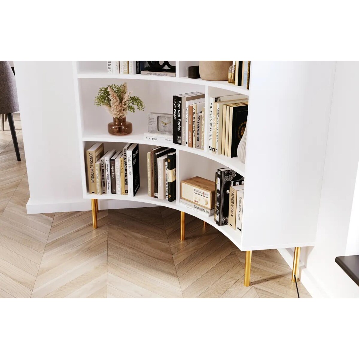 Nowoczesny narożny regał na książki Skandica HORN ze złotymi nogami / biały