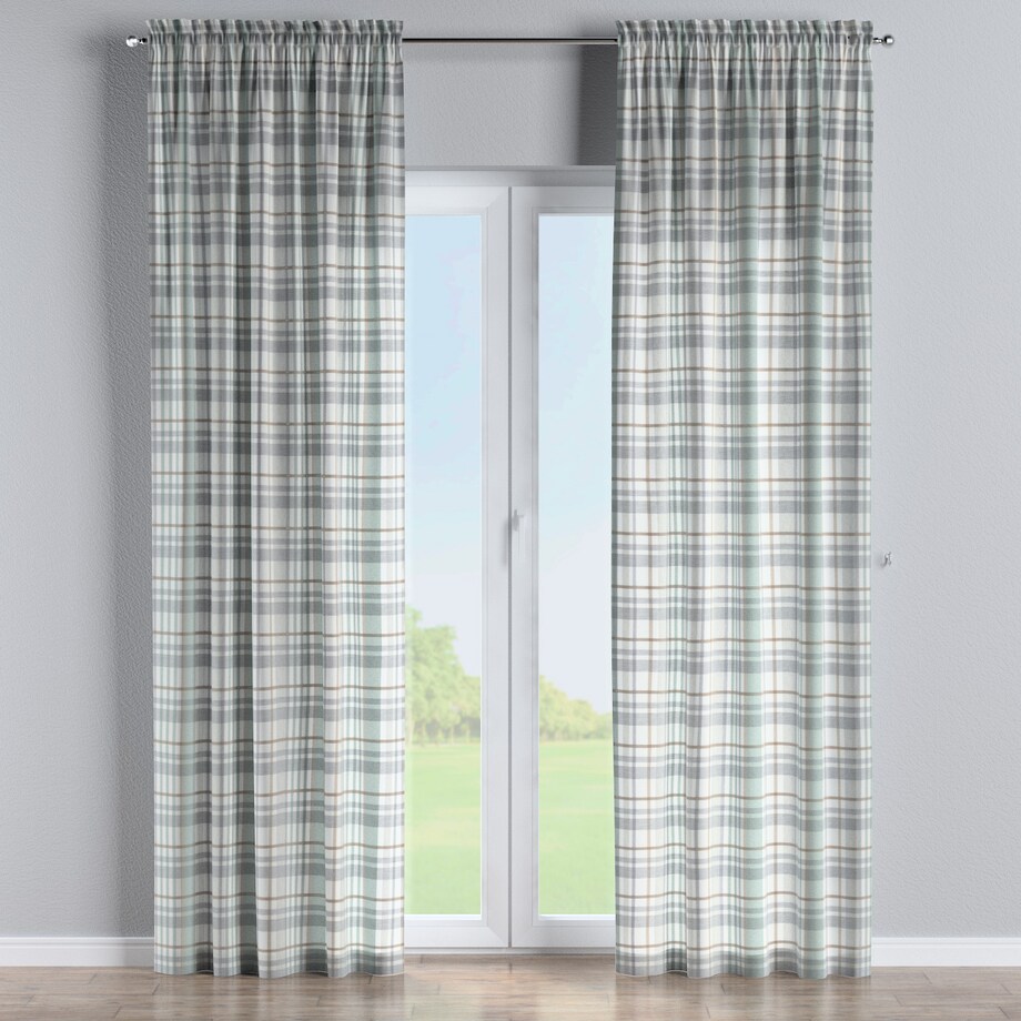 Zasłona na kanale z grzywką 1 szt. 130x245 kratka zielono-szary melanż