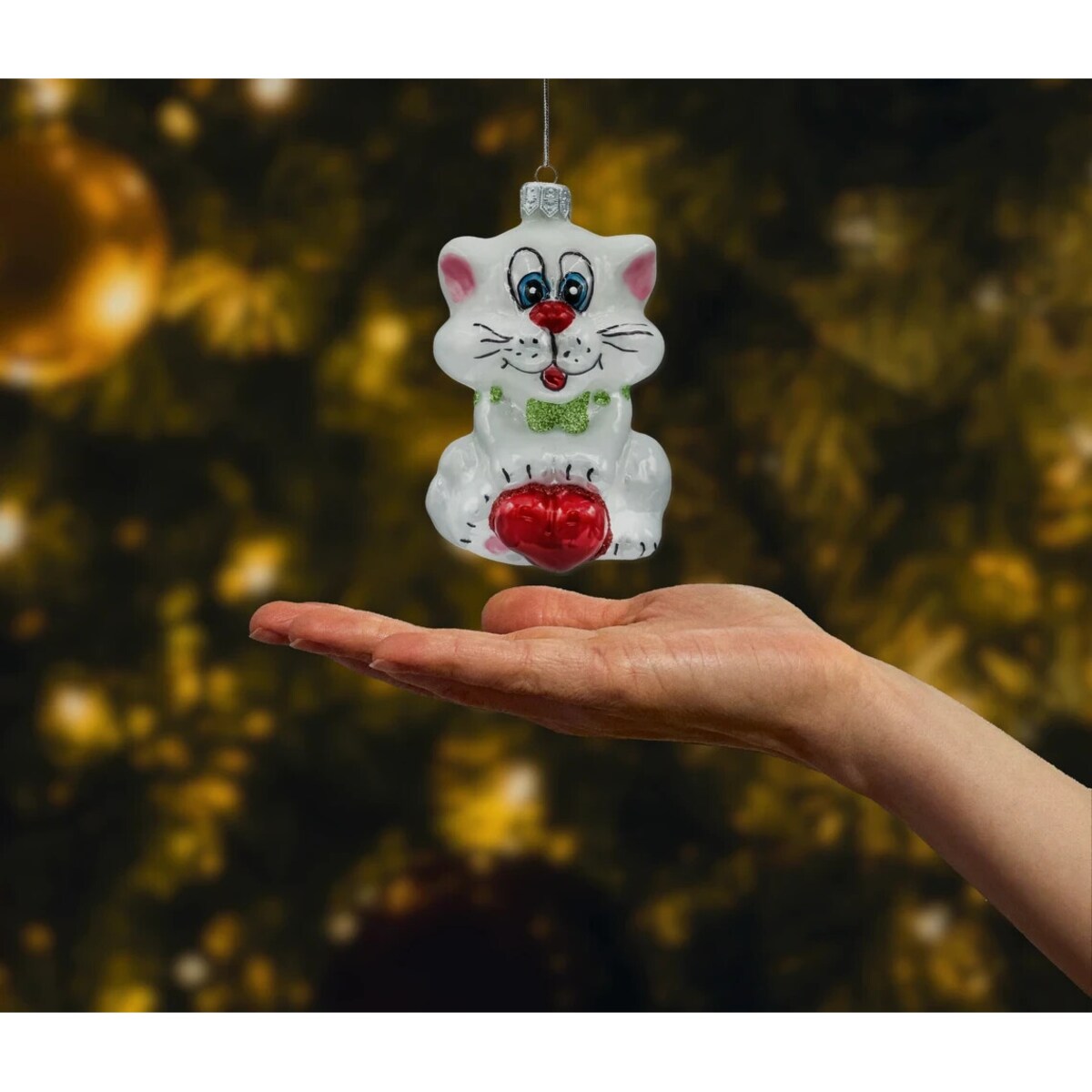 Bombka choinkowa szklana: Kotek z sercem w muszce