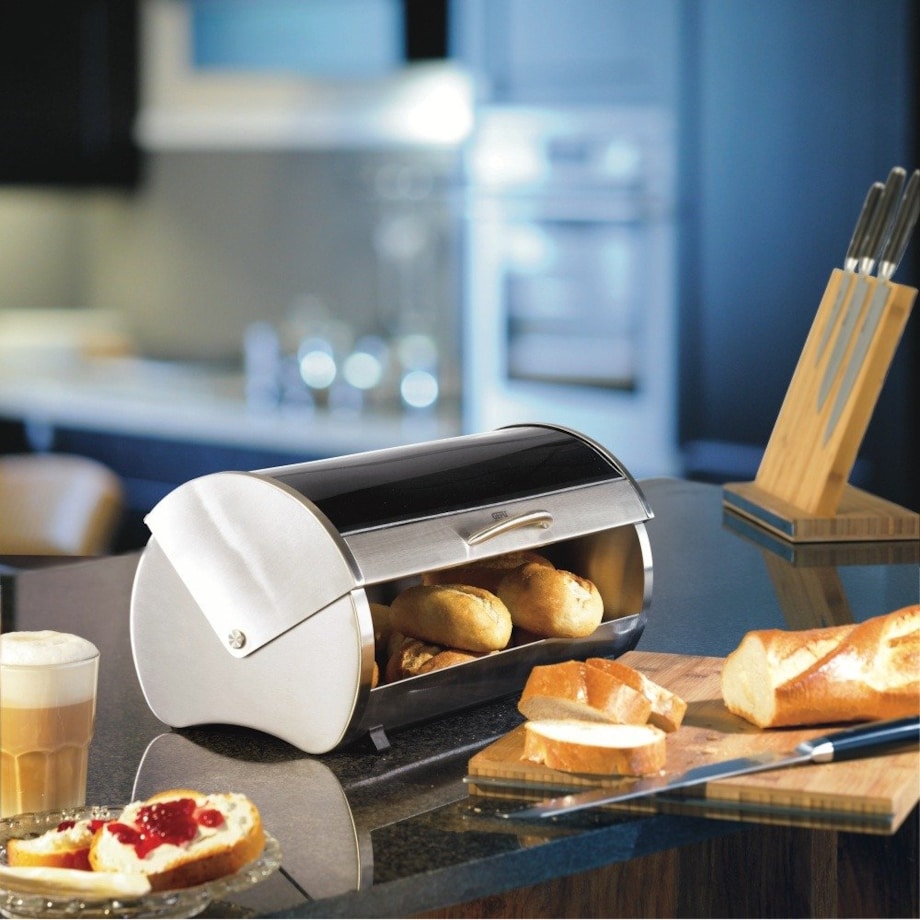 Chlebak w kształcie nerki, pojemnik na pieczywo ze szkła i stali z antypoślizgowymi nóżkami