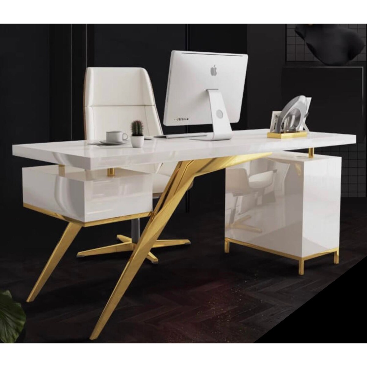 Nowoczesne białe złote biurko ze stali nierdzewnej do gabinetu Prima Premium 160x70x75 LUXURY