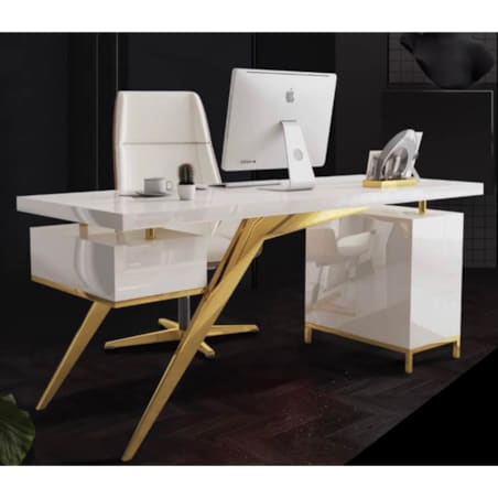 Nowoczesne białe złote biurko ze stali nierdzewnej do gabinetu Prima Premium 160x70x75 LUXURY