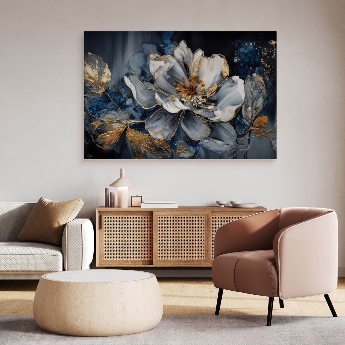 OBRAZ NA PŁÓTNIE DO SYPIALNI STYL GLAMOUR KWIATY AKWARELE ABSTRAKCJA 90x60cm