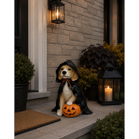 Dekoracja Halloween - pies w pelerynie 38,7x29,7x23,8 cm z dynią