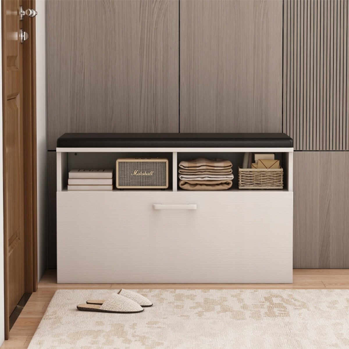 Szafka na buty z siedziskiem I schowkiem przedpokój 6 półek otwierana biała