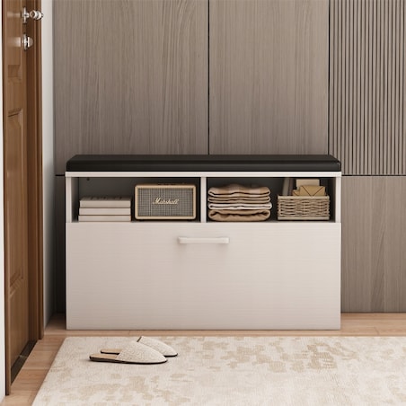 Szafka na buty z siedziskiem I schowkiem przedpokój 6 półek otwierana biała