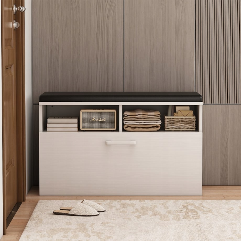 Szafka na buty z siedziskiem I schowkiem przedpokój 6 półek otwierana biała