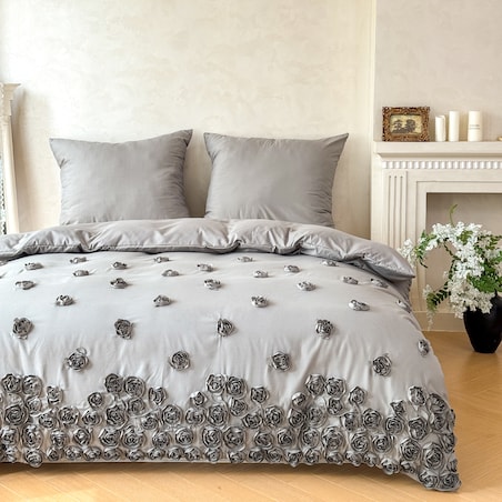 pościel "french roses" z aplikacją 3D róże wyszywane 160x200 | szary