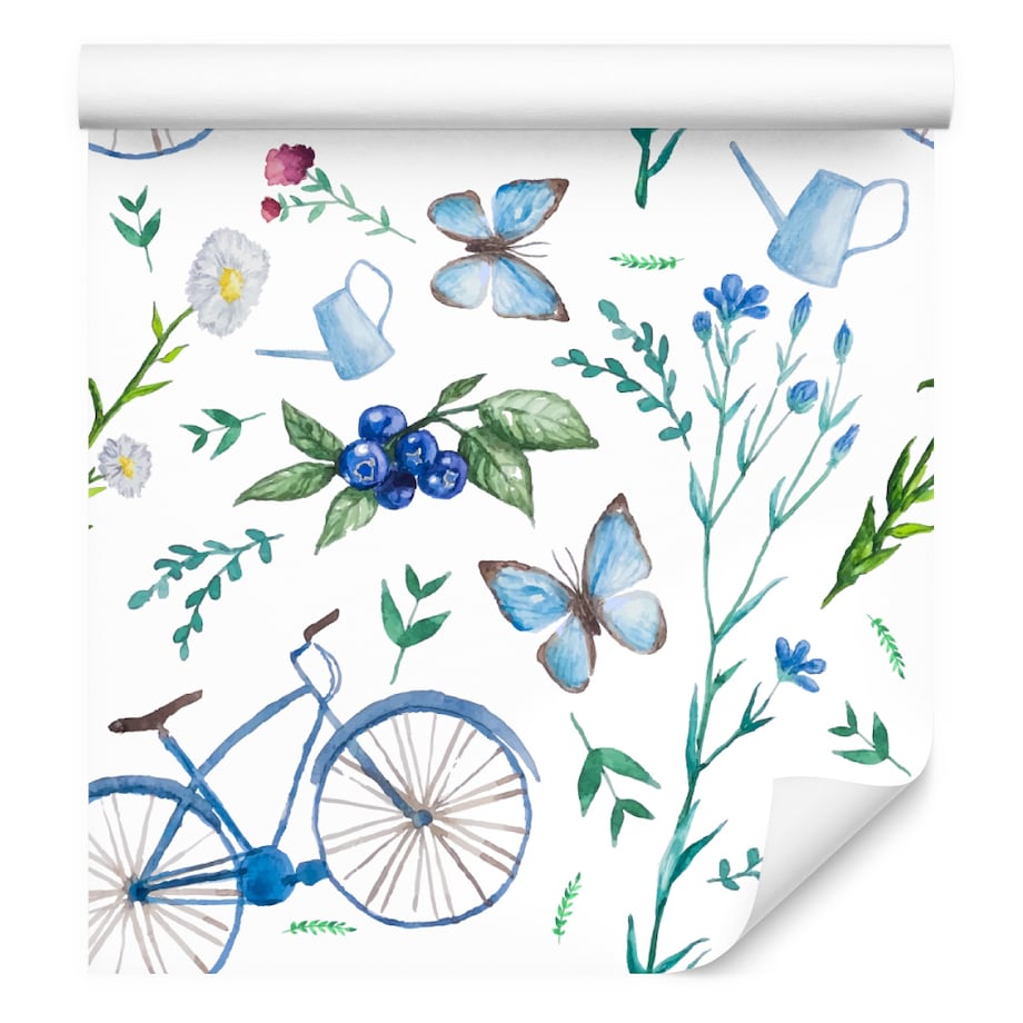 Tapeta młodzieżowa rowery kwiaty owoce motyle