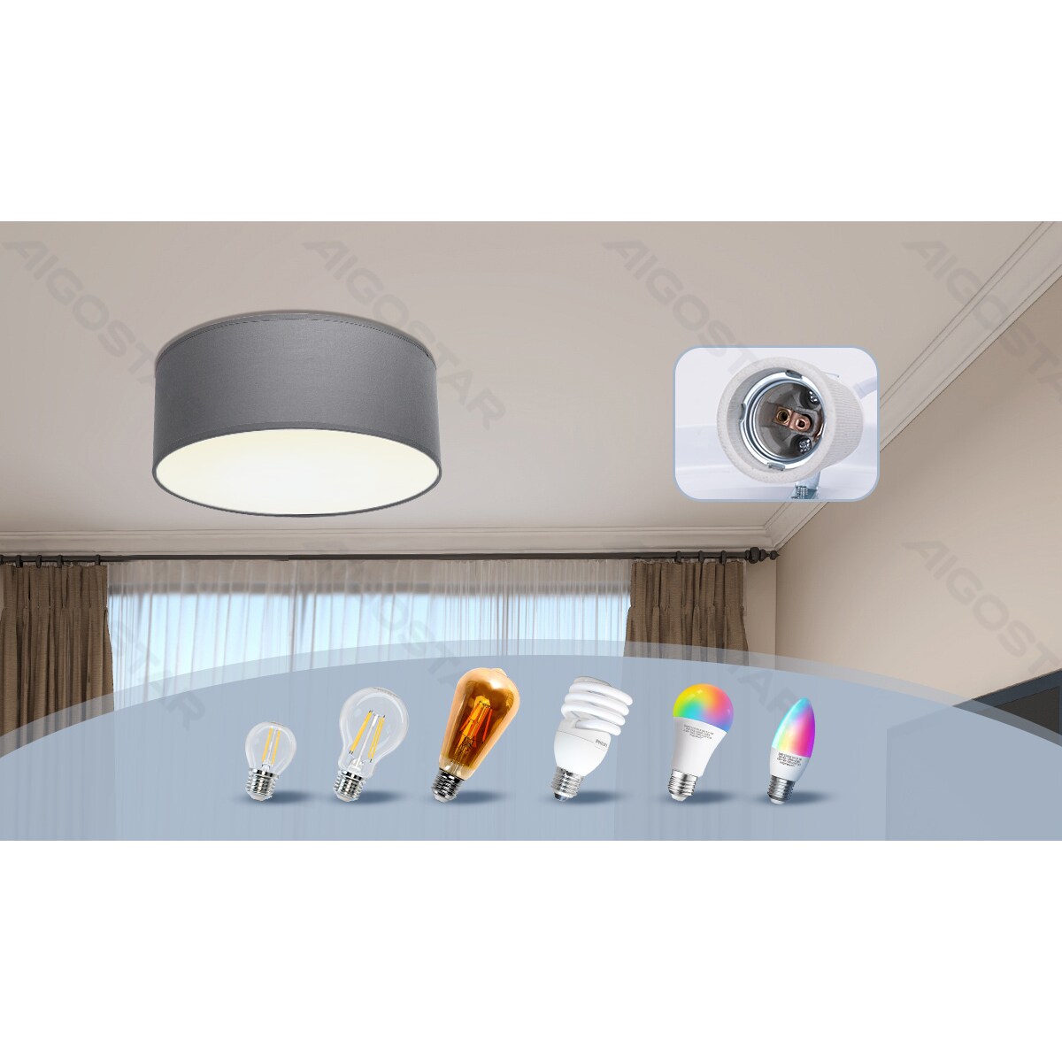 lampa wisząca abażur z tkaniny szara okragła e27