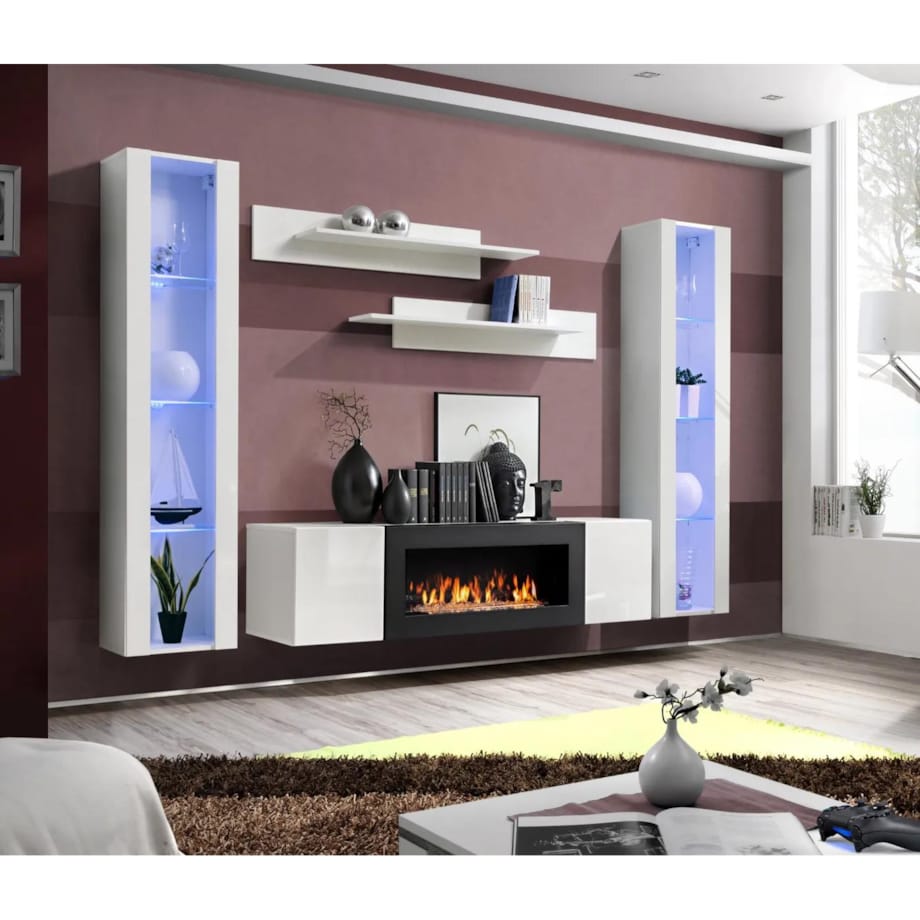 Meblościanka FLY M2 biały połysk/biały mat z biokominkiem