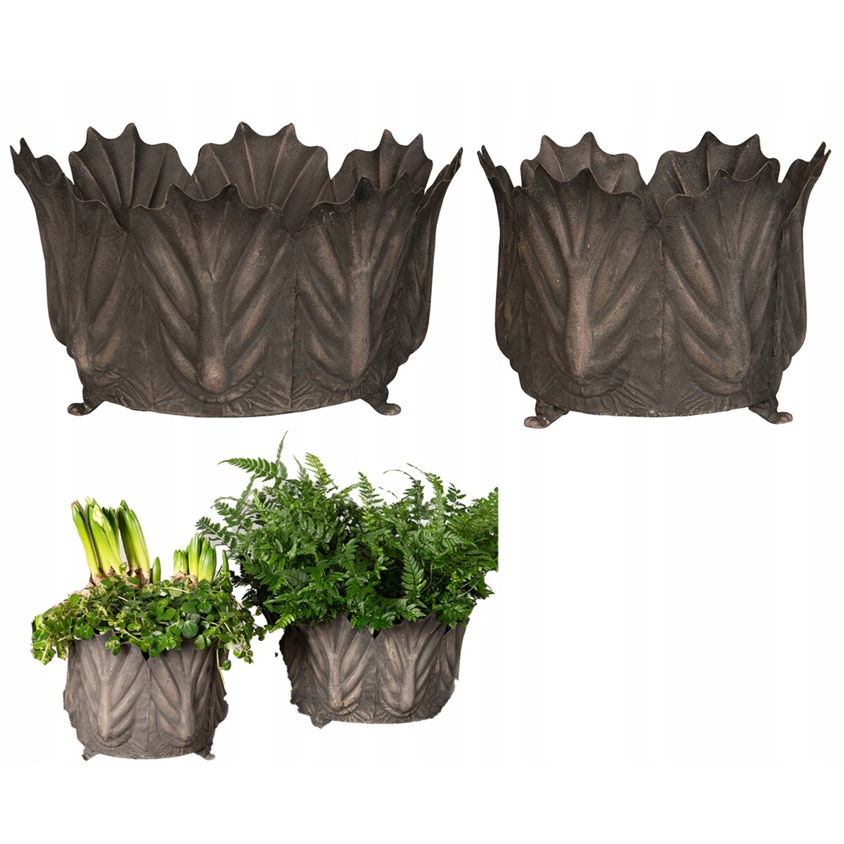 OSŁONKA NA DONICZKĘ LIŚCIE 28cm duża metalowa szara loft doniczka 2 szt