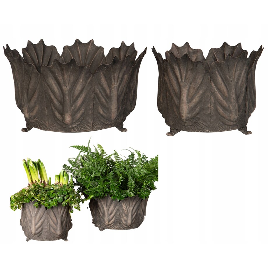 OSŁONKA NA DONICZKĘ LIŚCIE 28cm duża metalowa szara loft doniczka 2 szt