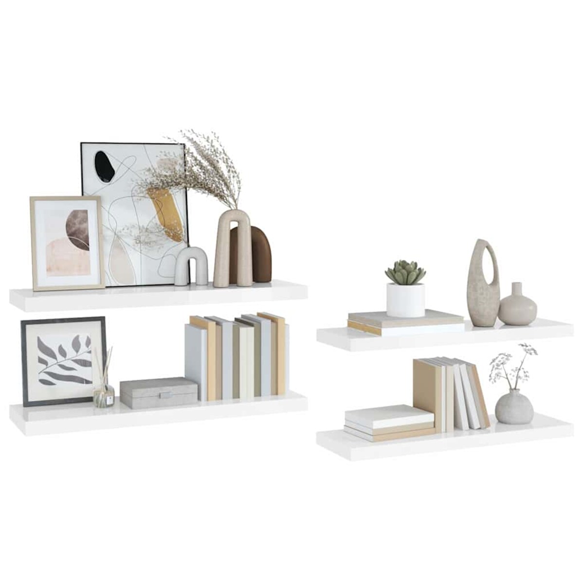 vidaXL Półki ścienne, 4 szt, wysoki połysk, białe, 80x23,5x3,8 cm, MDF