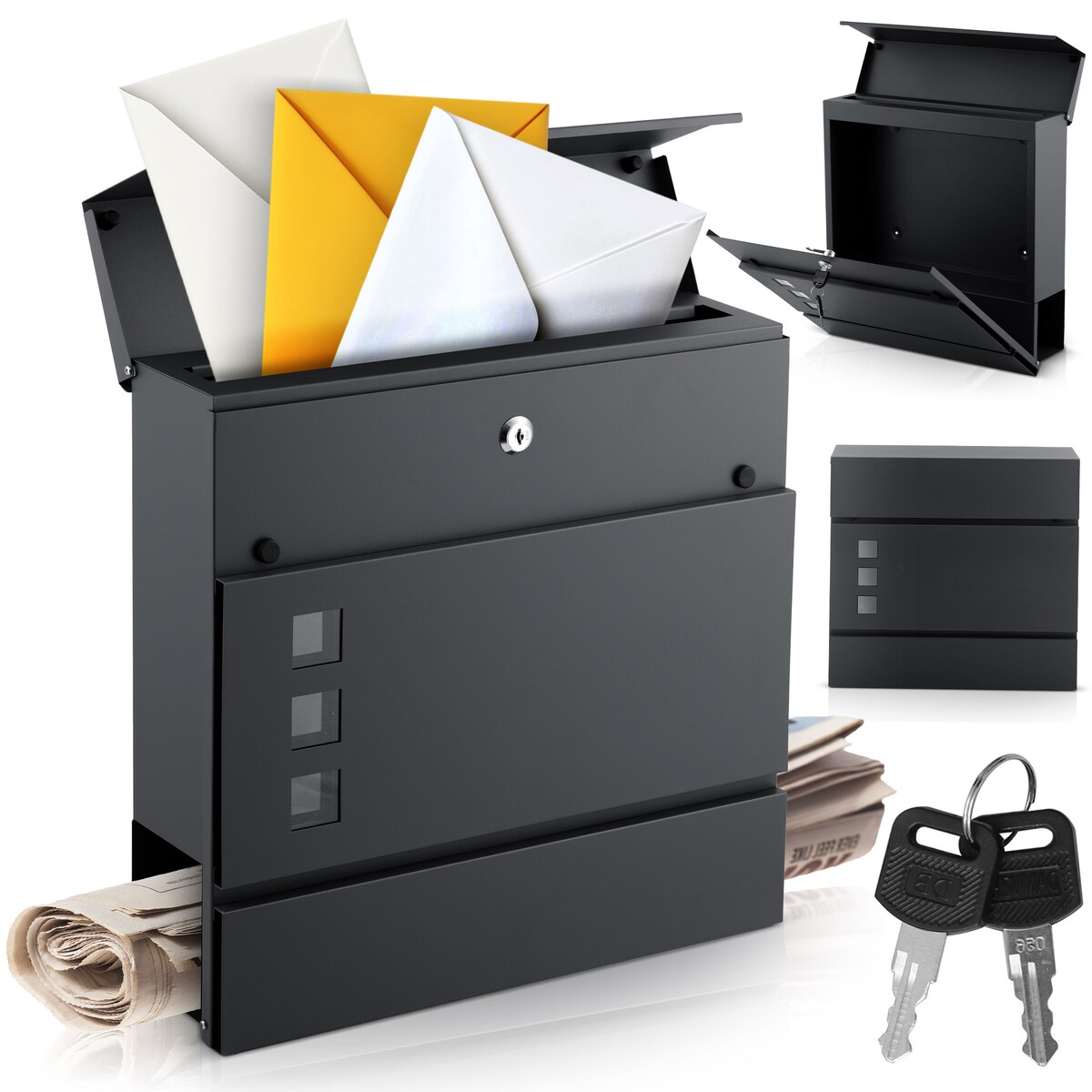 Skrzynka na listy z gazetnikiem Humberg pocztowa na bramę ogrodzenie stalowa antracyt