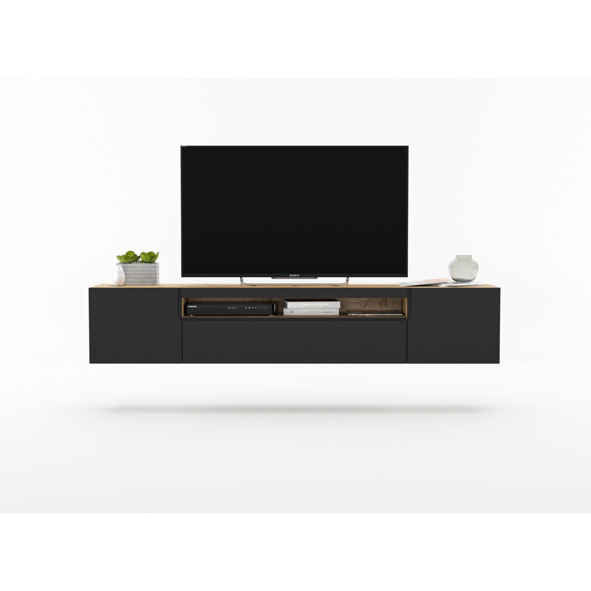 Szafka RTV Loft Industrialna Dąb Artisan Czarny MAT 200 cm