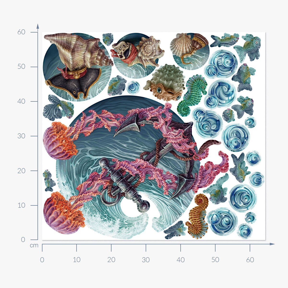 Zestaw naklejek na ścianę, Podwodny świat meduzy, 60cm