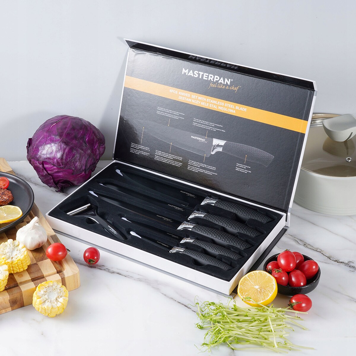 Zestaw Komplet Noży Kuchennych Czarne W Pudełku 6 El. Obieraczka Ostre