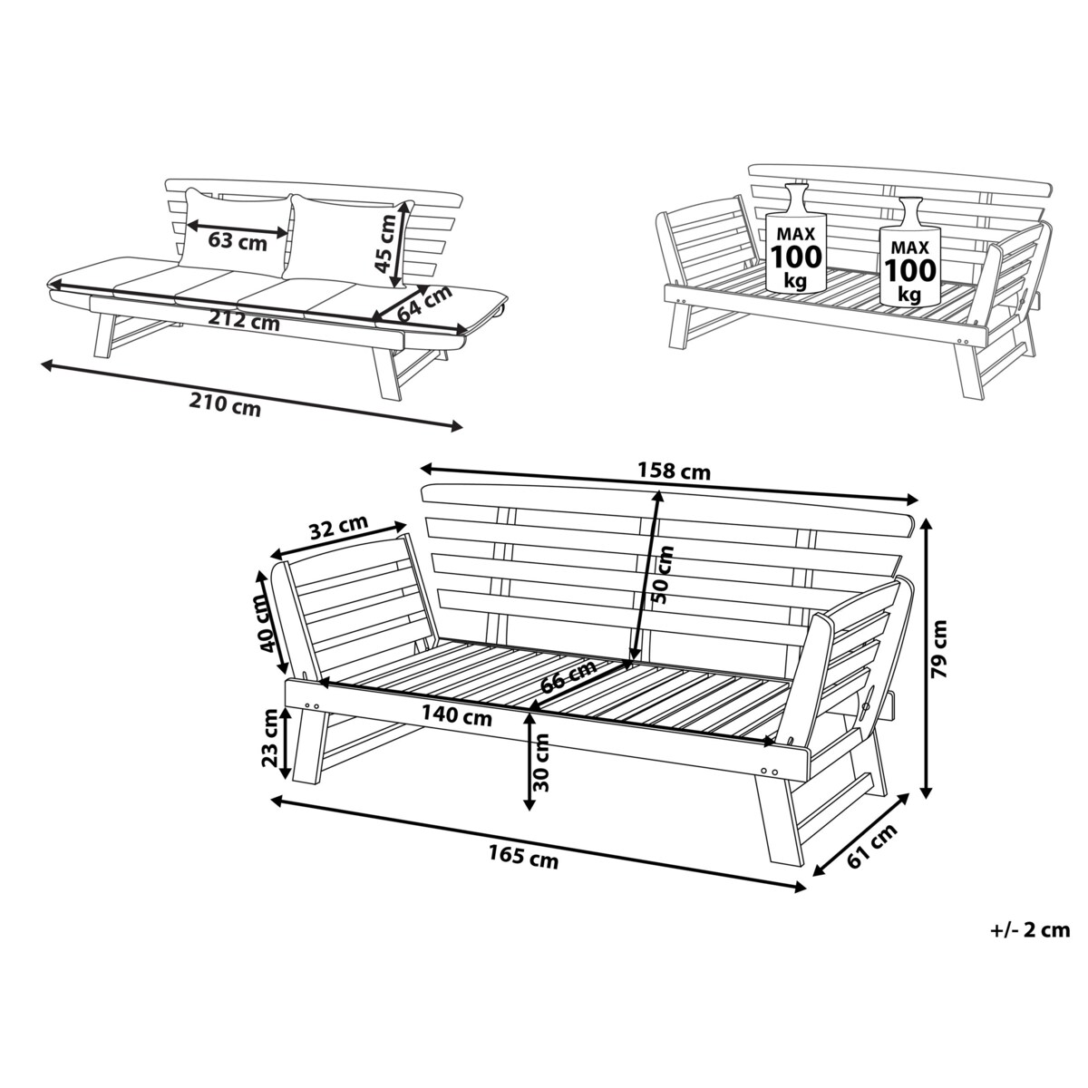 Ławka ogrodowa z poduchą PORTICI 210 cm Drewno Ciemne drewno