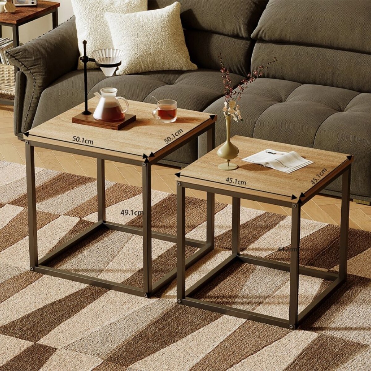 Stoliki kawowe 2w1 loft jasny brąz 50 cm czarny stelaż zestaw 2 sztuki