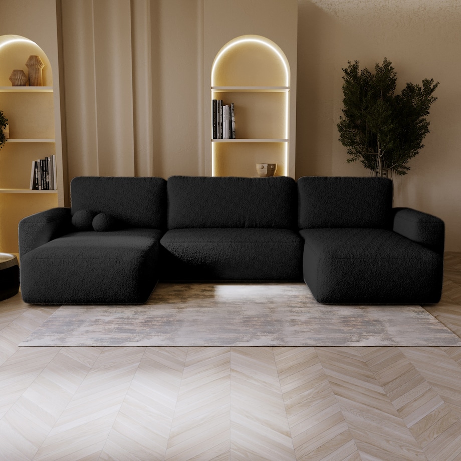 Narożnik U ILO z pojemnikiem na pościel i funkcja spania, czarny