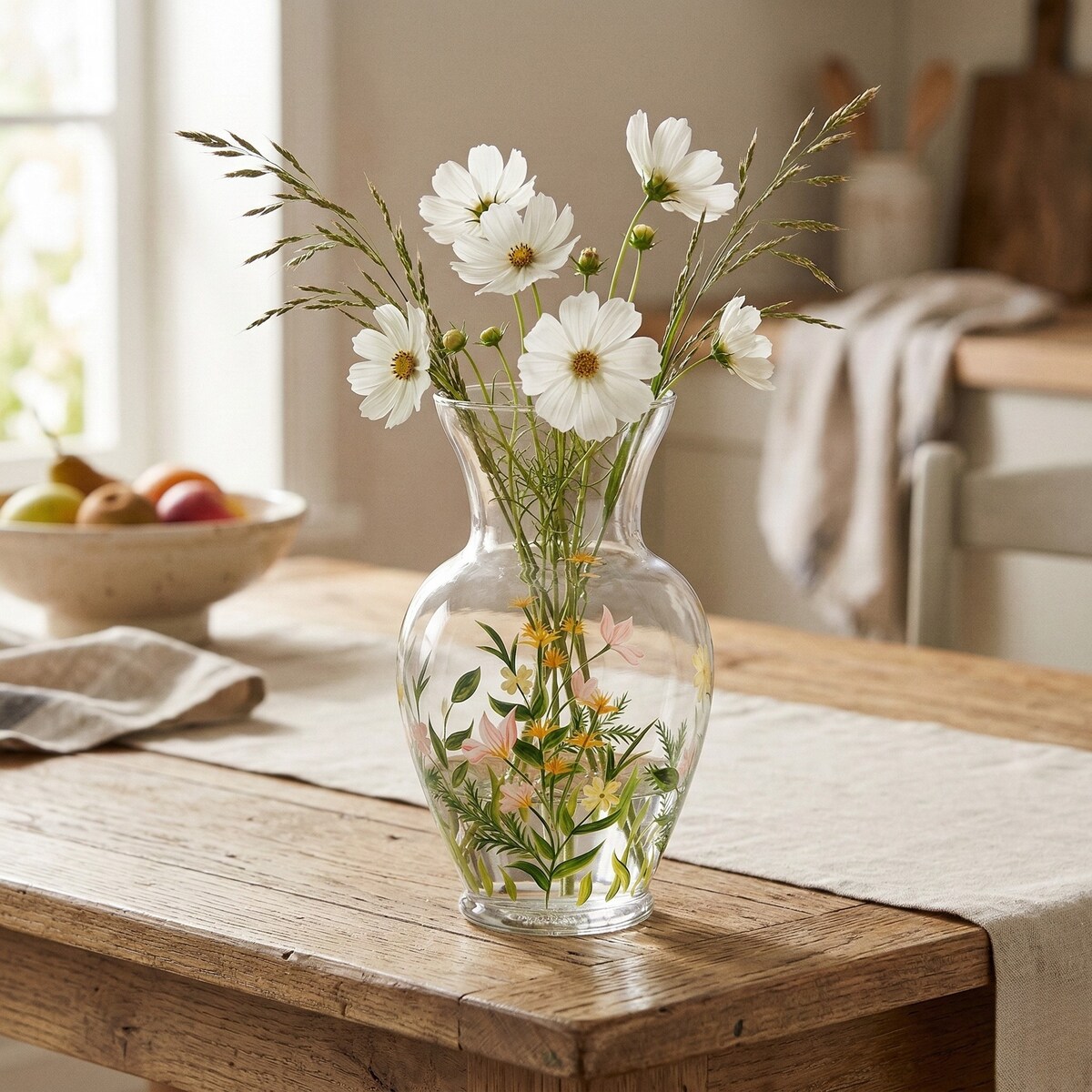 Szklany wazon na kwiaty, z wzorami kwiatowymi, 16.5 x 16.5 x 27 cm