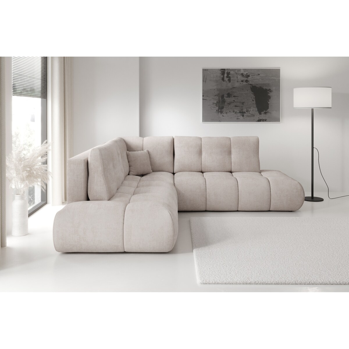 Narożnik pikowany, rozkładany z funkcją spania SOHI, Flow 03 - jasny beż