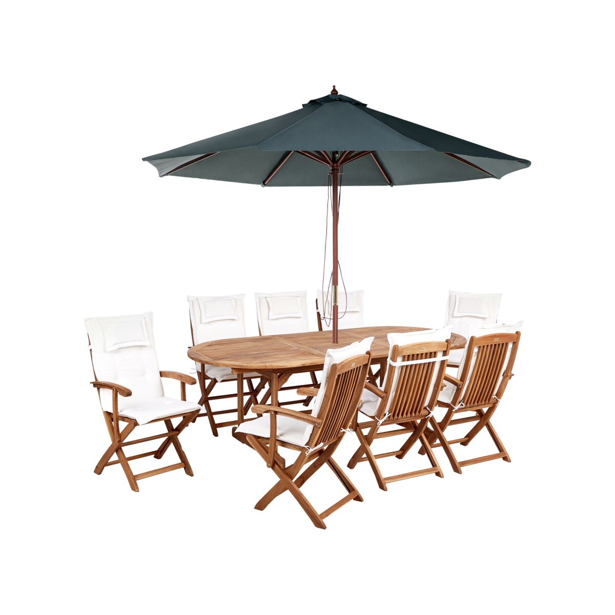 Zestaw ogrodowy drewniany stół z parasolem i 8 krzeseł z poduszkami złamana biel MAUI II