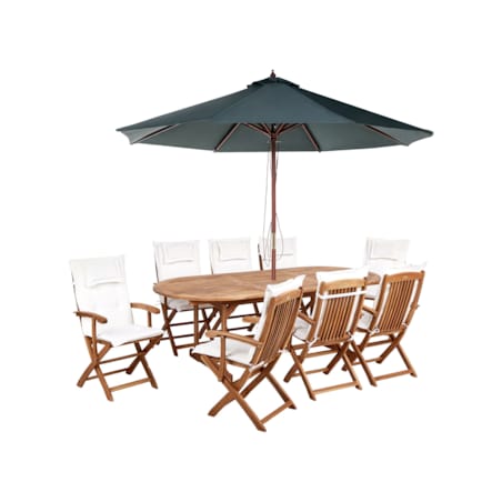 Zestaw ogrodowy drewniany stół z parasolem i 8 krzeseł z poduszkami złamana biel MAUI II