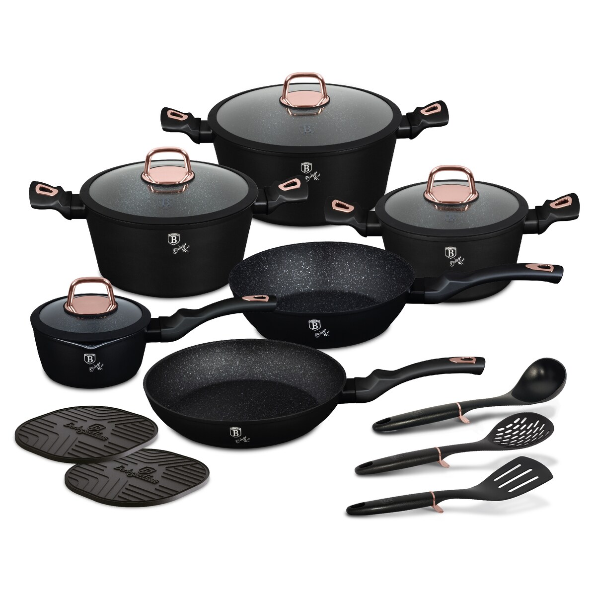 Zestaw 15 el. garnki, patelnie, akcesoria BerlingerHaus Black Rose Collection BH-8234