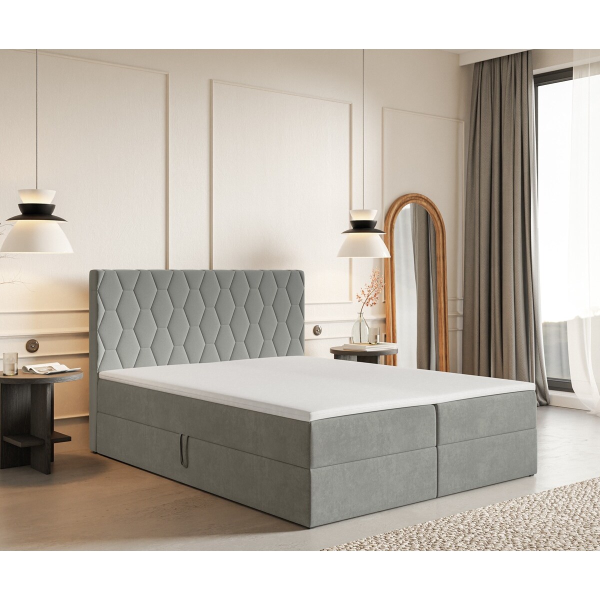 Łóżko kontynentalne G8 do sypialni 180x200 z pojemnikiem i materacem- szare