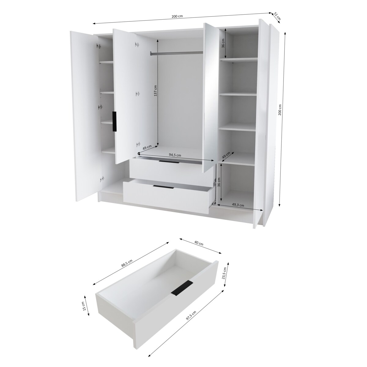Szafa NIKOLA 200 z lustrem i regulowanymi półkami -biała+czarny front