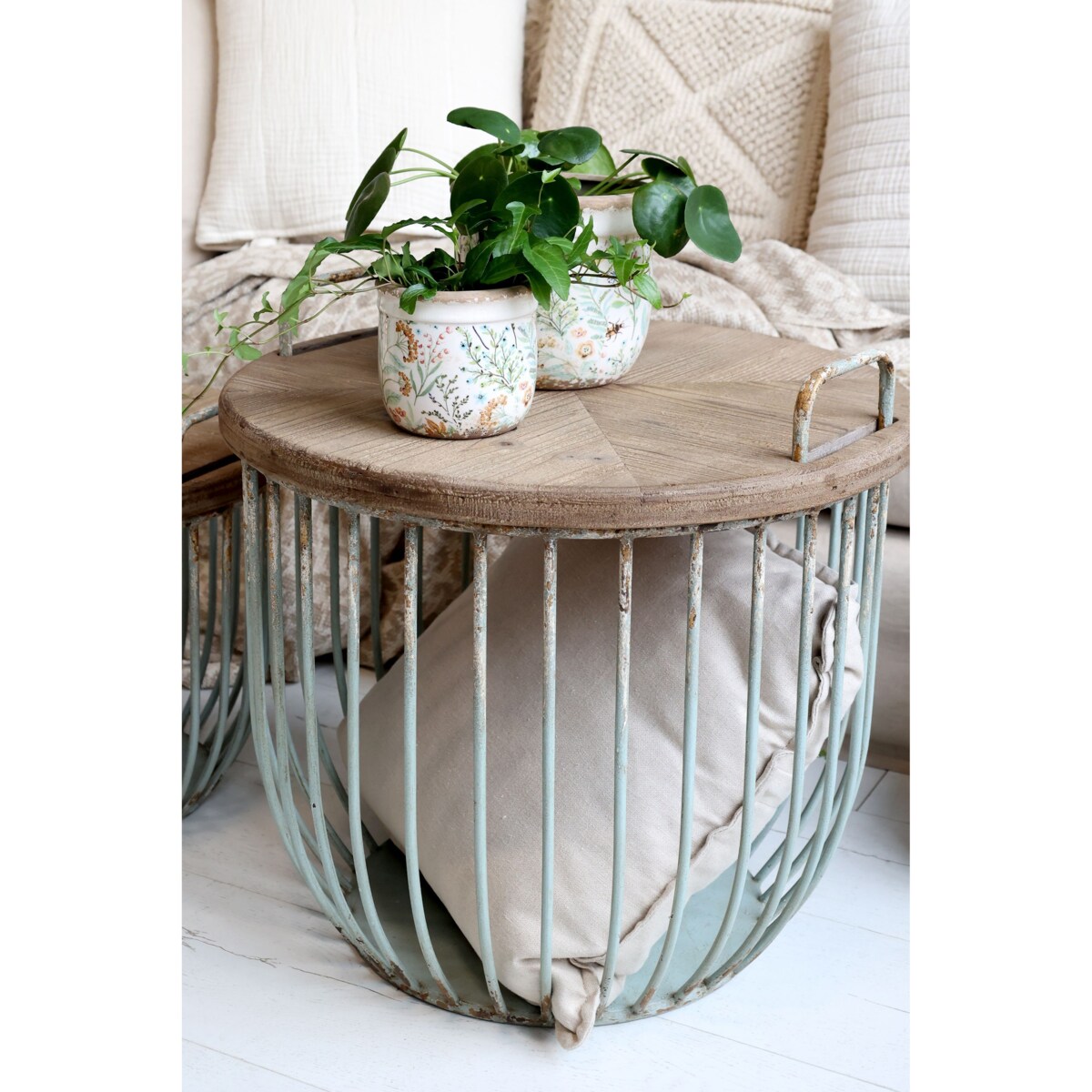 Stolik kawowy, kosz z drewnianym blatem 2 szt. jasnomiętowy