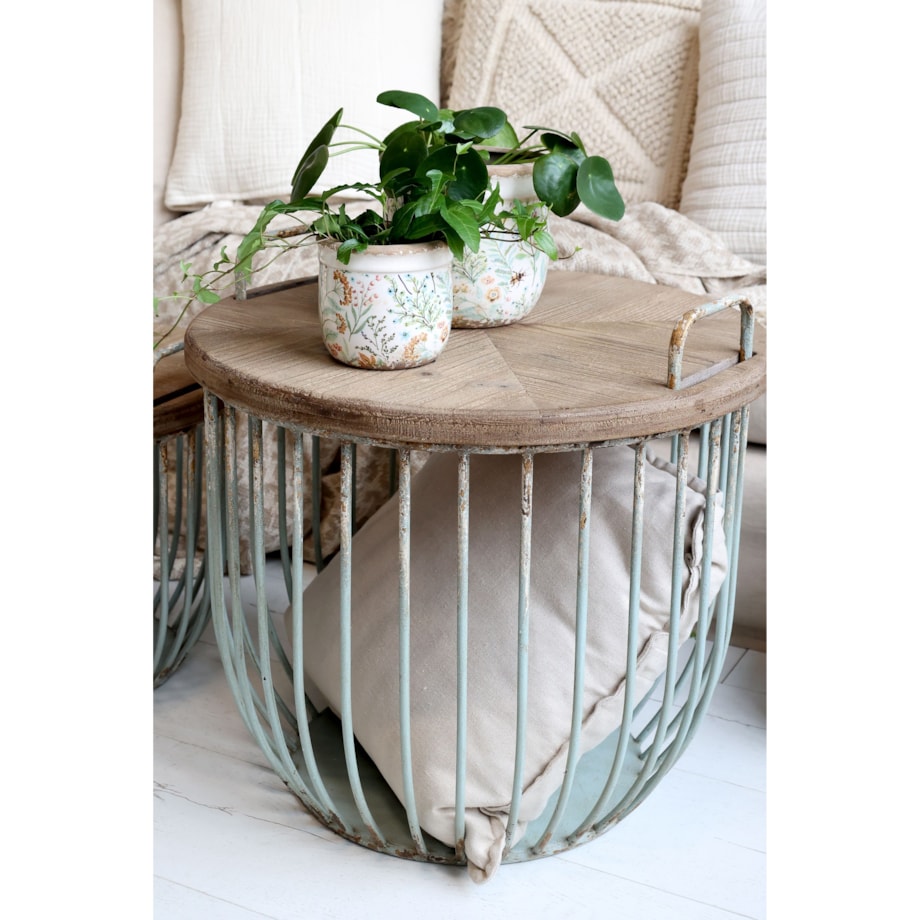 Stolik kawowy, kosz z drewnianym blatem 2 szt. jasnomiętowy