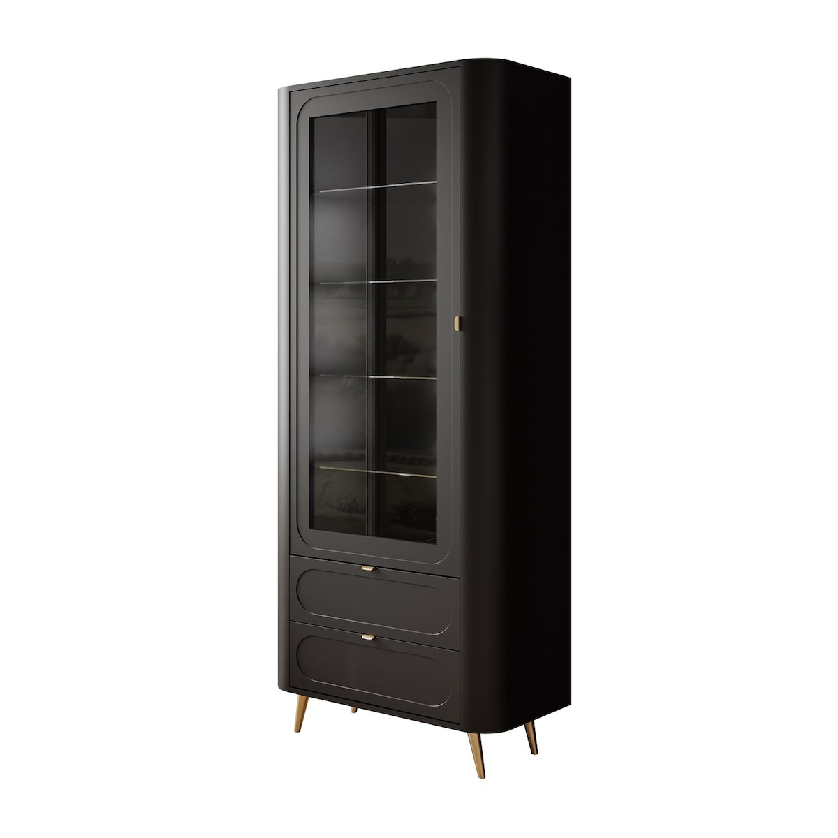 Przeszklona witryna SHADOW II z półkami, oświetlenie LED, nóżki skośne złote